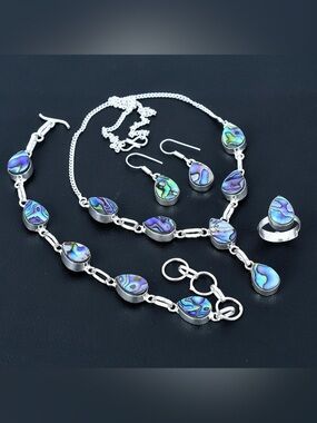 Abalone Shell Jewelry Set: Sterling Silver Necklace, Bracelet, Earrings, Ring